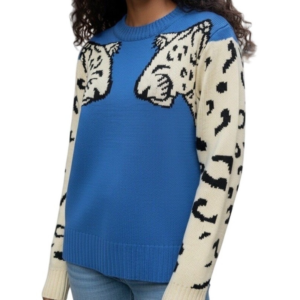 Angashion Leopard Knit Sweater Blue & Pale Yellow Crewneck Women's Small